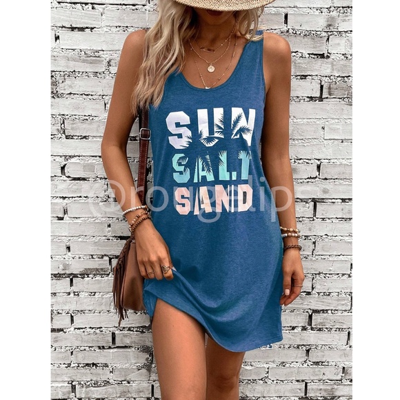 Blue Tank Mini Dress Tropical Graphic Letter Print - Picture 8 of 13